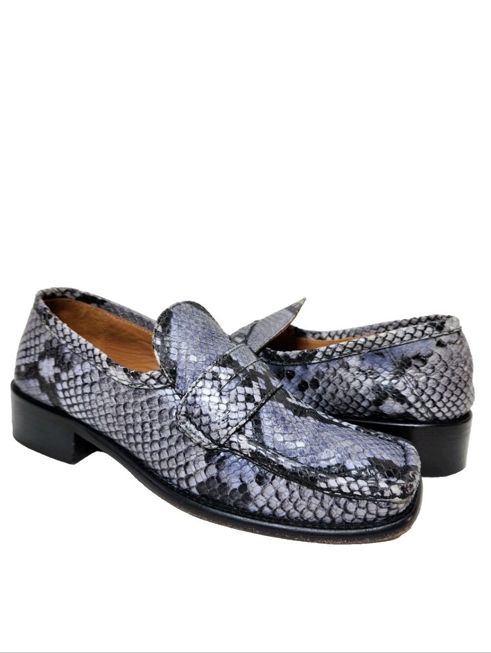 BY FAR Britney Snake Print Leather Penny Loafers Sz 38/8 US Blue Gray Black